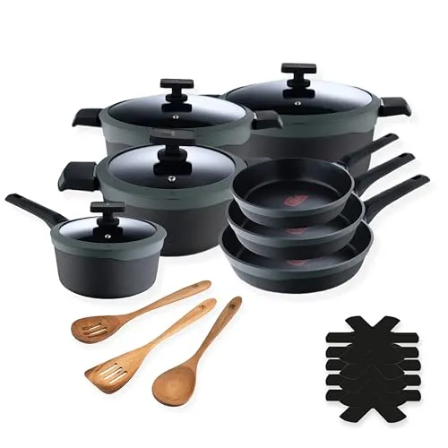 MasterPRO Gastro Reeco - Kochgeschirr-Set aus Aluminiumguss - 3 Pfannen 28, 24 und 20cm - 1 Schöpflöffel 16cm - 3 Bratpfannen 28, 24 und 20cm - 3 Küchenutensilien und 1 Pfannenschoner