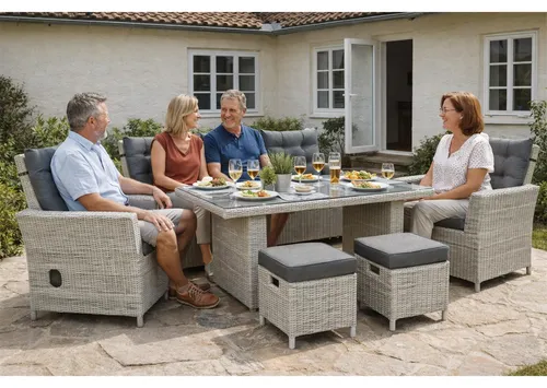 Green Spirit Asti Dining Garten Lounge Set - Loungemöbel & Sitzgruppen für bis zu 7 Personen, elegante Rattan Garnitur in Grau, ideal für gesellige Abende im Garten.