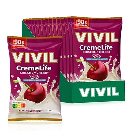 VIVIL Creme Life Kirsche, 15 Beutel, fruchtige Sahnebonbons mit Kirschgeschmack, zuckerfrei & glutenfrei, 15 x 90g