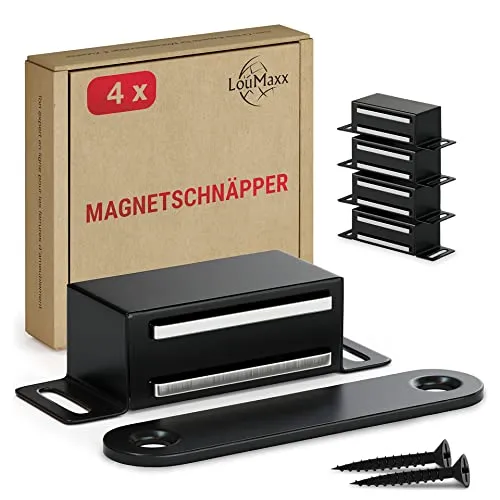 LouMaxx Magnetschnäpper stark - Haltekraft 4kg - 4er Set in Schwarz – Türmagnet -Schrankmagnet – Möbelmagnete – Tuer Magnetverschluss Edelstahl– Magnethalter Schranktür für sicheren Halt