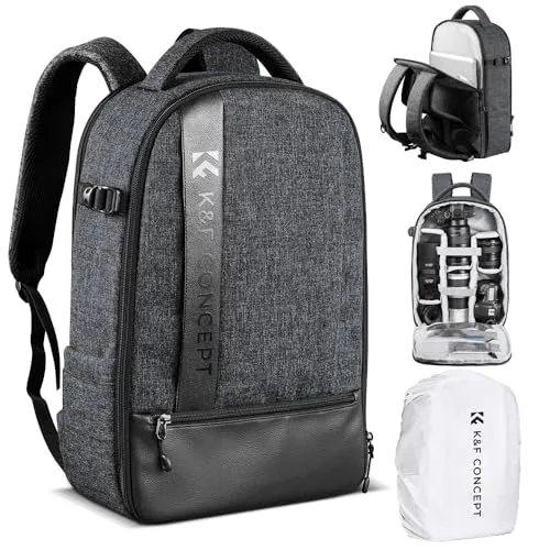 K&F CONCEPT 18L Kamerarucksack, Fotorucksack mit 15.6 Zoll Laptopfach, Große Kapazität Camera Backpack mit Regenschutz für DSLR/Stativ/Zubehör Grau-Schwarz
