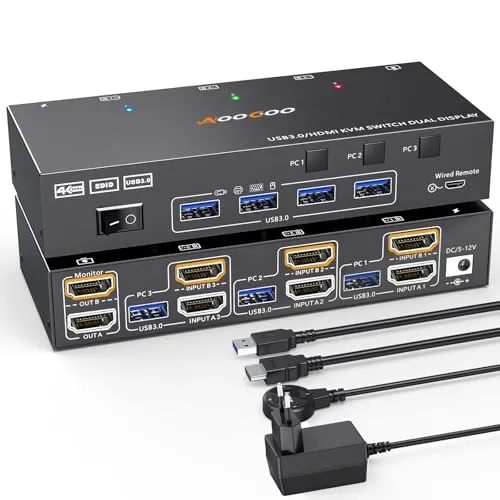 HDMI KVM Switch 3 PC 2 Monitore 4K@60Hz/2K@120Hz KVM Switches kabelgebundener Fernbedienung, Netzteil und USB3.0 Kabel im Lieferumfang enthalte