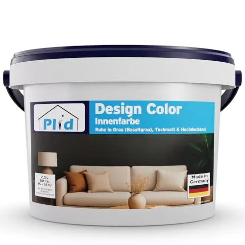 Plid® Design Innenfarbe Grau 2.5L - Basaltgrau mit hoher Deckkraft - Farben für jeden Einrichtungsstil – Hochdeckende matte Wandfarbe für bis zu 18 m², atmungsaktiv und tropfgehemmt, ideal für Renovierungen und Neugestaltungen.