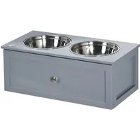 PawHut Futternapf Hunde Fressnapf mit Stauraum - Praktischer Fressnapf für Hunde mit 2 Näpfen und Stauraum, aus robustem Edelstahl und MDF, ideal für eine ordentliche Fütterung.