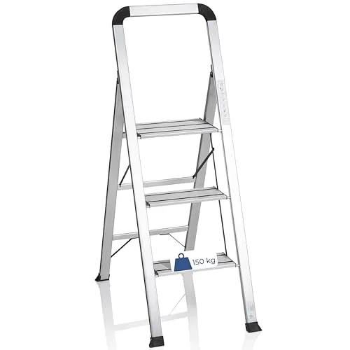hjh OFFICE 801104 Klappleiter mit 3 Stufen - Robuste Aluminium-Trittleiter mit Sicherheitsbügel, bis 150kg belastbar und klappbar – ideal für Haushalt und Garten, platzsparend und einfach zu transportieren.