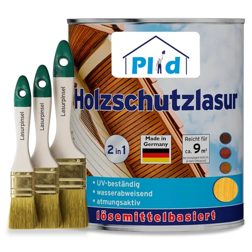 Holzlasur 0,75l Kiefer + 3 tlg. Lasurpinselset - Grundierung für Holz mit schnelltrocknender, UV-beständiger Formel. Ideal für ca. 9m², perfekt für Innenräume. Enthält ein praktisches Pinselset für eine einfache Anwendung.