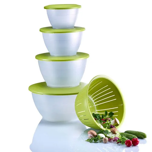 Westmark Schüssel Olympia 5-tlg Set, 0,6 - 4,4 Liter - Praktisches Küchenschüssel-Set aus BPA-freiem Kunststoff, spülmaschinengeeignet und platzsparend stapelbar. Ideal zum Servieren oder Backen, inklusive Deckeln und Sieb für vielseitige Einsatzmöglichkeiten.