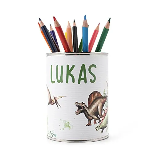 nikima Schönes für Kinder personalisierter Stiftebecher Dinosaurier mit Namen - OHNE STIFTE - Stifteköcher Stiftehalter Schreibtisch Organizer Junge Dino