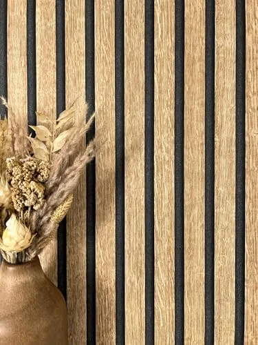 Newroom Tapete Beige Vliestapete Paneele - Holzwandpaneele Skandinavisch Eiche Schwarz Lamelle Streifen Wandpaneele Streifen Holzpaneele Wandverkleidung inkl. Tapezier-Ratgeber