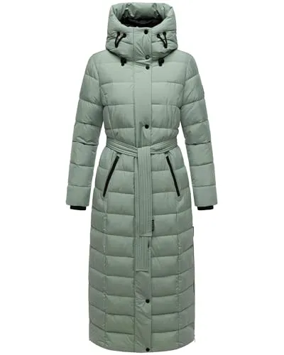Navahoo Damen Wintermantel Steppmantel mit Kapuze und Taillengürtel Das Teil XIV Smokey Mint Gr. M - Modischer, langer Steppmantel von Navahoo mit abnehmbarem Kunstfellkragen und Taillengürtel. Ideal für kalte Tage, bietet Wärme und Stil in einem eleganten Design.