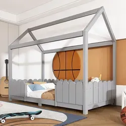 Hausbett mit Lattenrost 90x200 cm, Kinderbett mit Rausfallschutz - Kiefer Grau - Klassisches Hausbett aus stabilem Massivholz mit Lattenrost und Rausfallschutz. Ideal für Kinderzimmer, einfache Montage und hohe Belastbarkeit bis 120 kg. Perfekt für einen sicheren Schlafplatz.