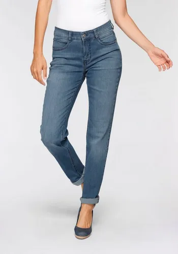 MAC 5-Pocket-Jeans Angela Die Schmale blau 40 - Feminine, figurbetonte Jeans aus elastischem Denim, ideal für stilvolle Outfits. Hoch geschnitten mit Abriebeffekten und praktischen Taschen.
