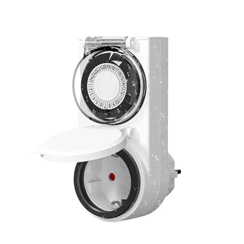 HBN Zeitschaltuhr Aussenbereich, 24 Stunden Mechanische Zeitschaltuhr Steckdose Outdoor, IP44 Wasserdicht, Mechanische Timer mit Kindersicherung & Schutzabdeckung, Tageszeitschaltuhr Außen, 16A/3.680W