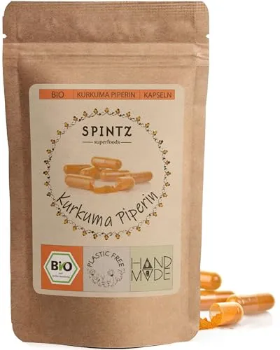 SPINTZ® 210 Stk. Bio Kurkuma Piperin Kapseln | plastikfrei verpackt | 650mg Bio Curcuma mit Piperin je Kapsel | vegane Kurkuma Kapseln mit Pfeffer hochdosiert | Laborgeprüft