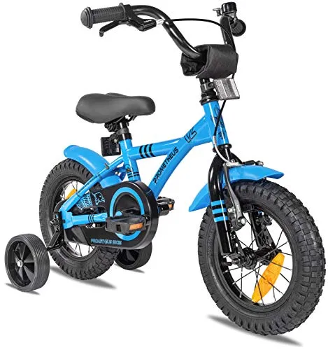PROMETHEUS Kinderfahrrad 12 Zoll - Blau/Schwarz mit Stützrädern - Kinderfahrrad für Jungen und Mädchen ab 2-3 Jahren, leicht und sicher mit Aluminiumfelgen, verstellbarem Sattel und kindgerechtem Bremssystem für optimalen Fahrspaß.