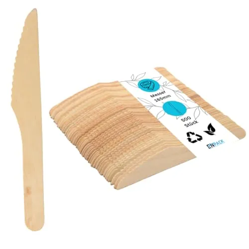 Enpack Einwegmesser aus Holz 500 Stück - umweltfreundliche holzmesser 165mm Partybesteck - Einweg Messer - Holzbesteck Einweg - wooden knife Messer aus Holz