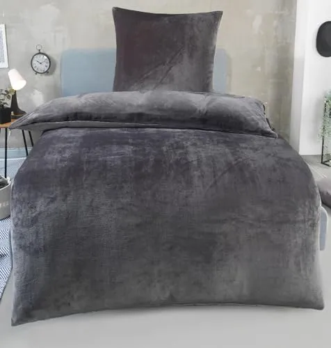 DreamHome Winter Wende Plüsch Bettwäsche 135x200 - Bettwäsche-Set in Grau, 135x200 cm + 80x80 cm, aus kuscheligem Cashmere Touch Nicky-Teddy Material, besonders warm und flauschig, ideal für kalte Nächte, waschbar bei 60°C und trocknergeeignet.