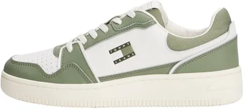 Tommy Jeans Herren Cupsole Sneaker Retro Basket Low Top, Mehrfarbig (Ecru/Aruba Green), 45 - Herren-Sneaker im Premium Design, aus hochwertigem Leder für optimalen Tragekomfort und vielseitige Kombinationsmöglichkeiten.