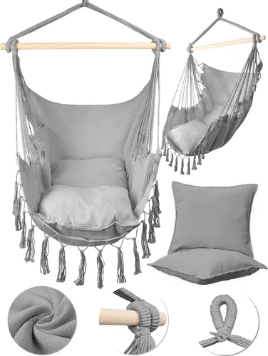 MalTec Hängesessel Gartensessel Brasilianischer Cocoon Stuhl mit Kissen Hängestuhl Indoor & Outdoor Grau Sessel zum Aufhängen