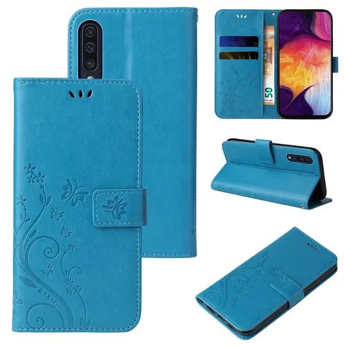 Handy Tasche für Samsung Galaxy A50 Handyhülle Blumen Buch Klapp Case Cover Blau