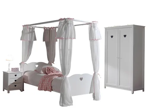 aufm Kessel Jugendzimmer-Set Kinderzimmer Kamila 4 Kinderzimmer Möbel Set Mädchen MDF Weiß, (inkl. Versand, Lieferung bis Verwendungsstelle), Himmelbett mit Vorhanggestänge, herzförmige Details, 2-türiger Schrank 58