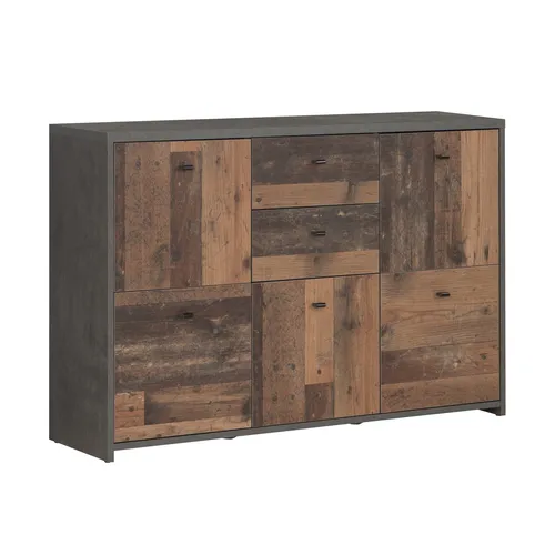 FORTE Best Chest Kommode mit 5 Türen und 2 Schubladen - Kommode im trendigen Vintage/Industrial Look, aus pflegeleichtem Holzwerkstoff mit langlebigen Metalllaufleisten für hohe Stabilität. Ideal für stilvolle Ordnung in jedem Raum.