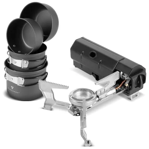 STAHLWERK Outdoor-Koch-und-Campingset – Faltbarer Campingkocher, Butangaskocher 1.700 W mit Piezozündung, Camping Kochtopf-Set 4-teilig aus Aluminium, Koch-Set mit Töpfen und Deckeln 500-1.300 ml