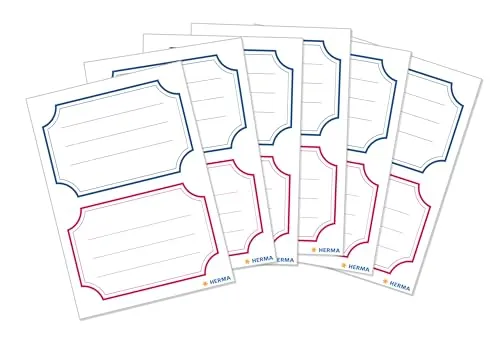 HERMA 5781 Buchetiketten zum Beschriften neutral blau roter Rand, 12 Stück, 78 x 53 mm, selbstklebend, liniert, Buchaufkleber für Schule Kinder Mädchen Jungen, blanko Heftetiketten Aufkleber, weiß
