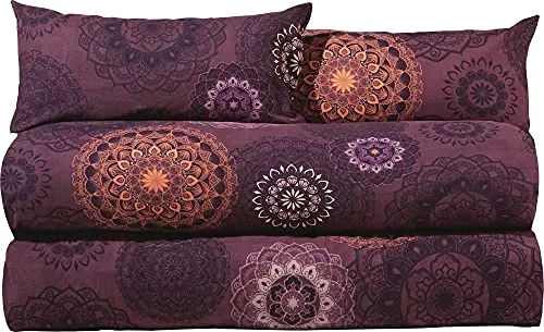 Erwin Müller Bettwäsche Sparpaket 4-TLG. Mako-Satin Mandala aubergine Größe 40x80 cm / 155x220 cm - feinfädig, temperaturausgleichend, atmungsaktiv, 100% Baumwolle, mit Reißverschluss