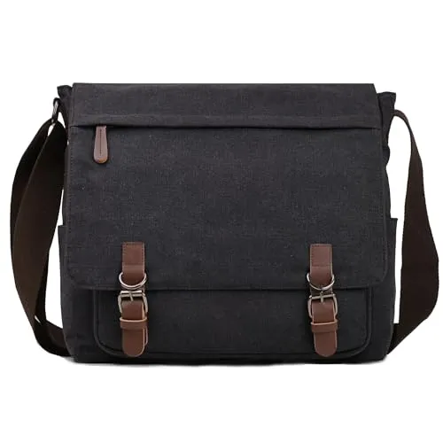 Mactso Canvas Messenger Bag für Herren und Damen, Reise-Umhängetasche, Schultertasche 15,6 Zoll Laptoptasche, Aktentasche Business, schwarz,