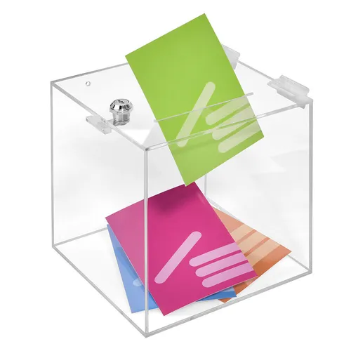 Losbox aus Acrylglas mit Schloss 200x200x200mm - Zeigis® - Aufbewahrungsboxen, transparente und abschließbare Losbox aus 3mm Acrylglas, ideal für Spenden, Gewinnspiele und Aktionen, inklusive 2 Schlüssel.