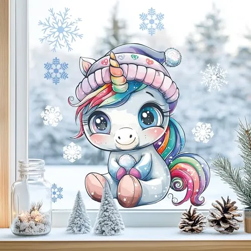 Sunnywall Fensterbilder Winter für Kinder Tiermotive in Winterszene als statisch haftende Fenstersticker, WIEDERVERWENDBAR (Einhorn, A4 Bogen)