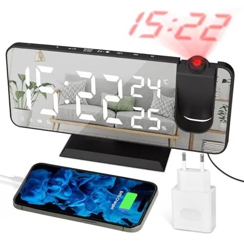Projektionswecker Digitaler LED-Wecker mit Ladegerät, Radiowecker mit USB-Ladeanschluss, Doppelwecker, LED-Spiegelbildschirm, Einstellbare Helligkeit, Temperatur und Luftfeuchtigkeitsanzeige, Schwarz