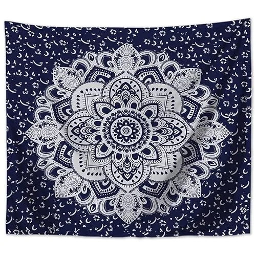 MT Majami Wandbehang Mandala indisch 200 x 150 cm Blau Polyester Wandtuch Wandteppich Tapisserie Hippie Retro