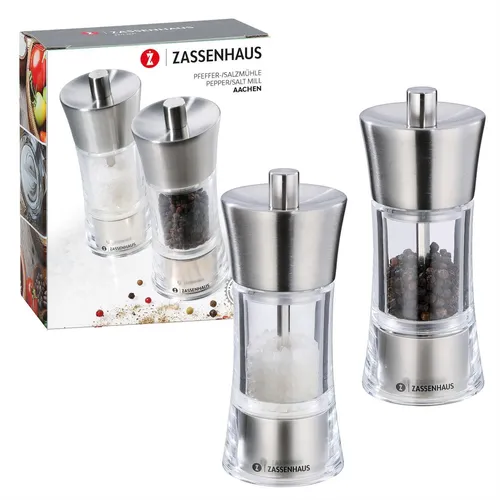 Zassenhaus Mühlen-Set AACHEN 14 cm Edelstahl/Acryl 35773 - Küchenhelfer mit präzisem Hochleistungskeramik-Mahlwerk, ideal für Pfeffer, Salz und Gewürze. Modernes Design aus Edelstahl und Acryl, 6 Mahlstufen für individuellen Genuss.