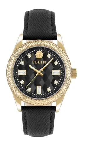 PHILIPP PLEIN Quarzuhr Queen – Eleganz trifft urbanen Charme - Damen Quarzuhr aus Edelstahl IP YELLOW GOLD mit schwarzem Zifferblatt und PRECIOSA Steinen. Edles Lederarmband und 5 ATM wasserdicht. Ein zeitloses Accessoire für jeden Anlass.