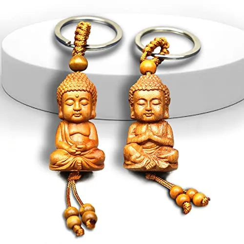 Behone Buddha und Schlüsselanhänger - 2 Stücke Kleiner Buddha Holz-Anhänger Deko DIY Autozubehör Glücksbringer Geschenk