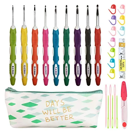 Ergonomisches Häkelnadel-Set mit Etui, extra lang, weiche Griffe, Häkelnadeln für arthritische Hände, Standard-US-Größe B (2 mm) J (6 mm)
