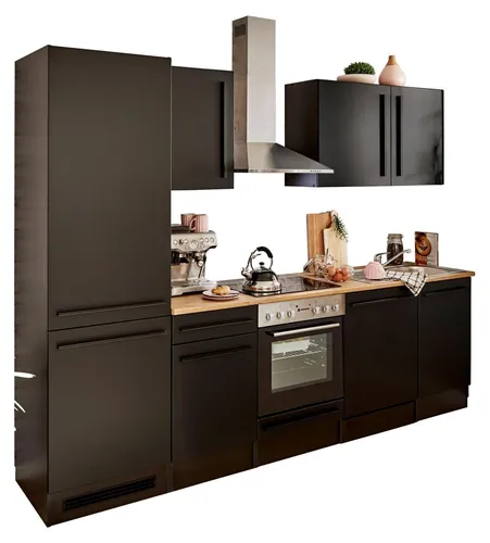 BASIC by Balculina Küchenzeile Jazz, 280 cm mit E-Geräten - Moderne Küchenzeile mit viel Stauraum und attraktiver Farbkombination, inklusive hochwertigem E-Geräte-Set für komfortables Kochen und Abwaschen.