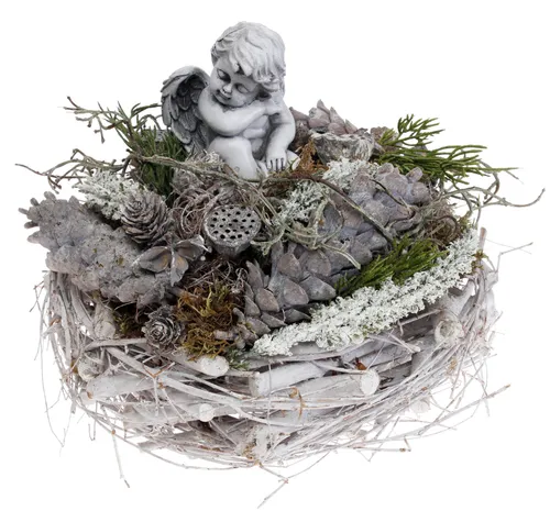 Grabgesteck Astpflanzkorb rund weiß mit Engel Ø ca. 24 cm H ca. 22 cm - Gartenfiguren & Verzierungen, stilvoller Grabschmuck mit Engel für eine würdevolle Erinnerung.