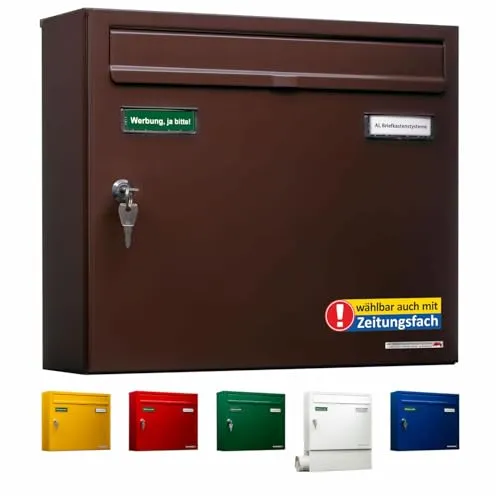 AL Briefkastensysteme Briefkasten Braun RAL 8017 Basic 1er - Wandbriefkasten DIN A4, wetterfest mit Namensschild und Schloss, ideal für Einfamilienhäuser. Lebenslange Garantie gegen Durchrostung.