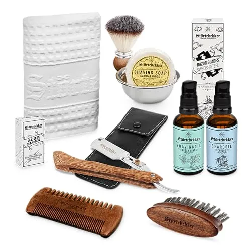 Störtebekker® Premium Rasiermesser All-in-one Set - inkl. Rasierpinsel, Rasierseife, Rasierschale, Rasieröl, Rasierklingen, Rasiertuch, Alaunstein, Bartöl, Bartkamm und Bartbürste - Geschenkidee