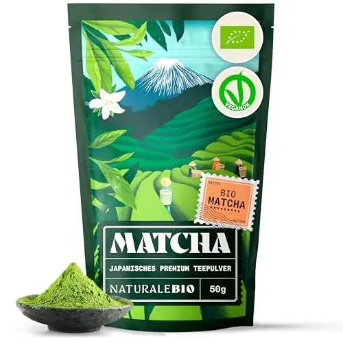 NaturaleBio Matcha Tee Pulver Bio - Premium-Qualität - 50g - Matchatee aus Japan, intensives Smaragdgrün, ideal für Latte und Smoothies, ohne Pestizide, für höchste Ansprüche an Qualität und Geschmack.