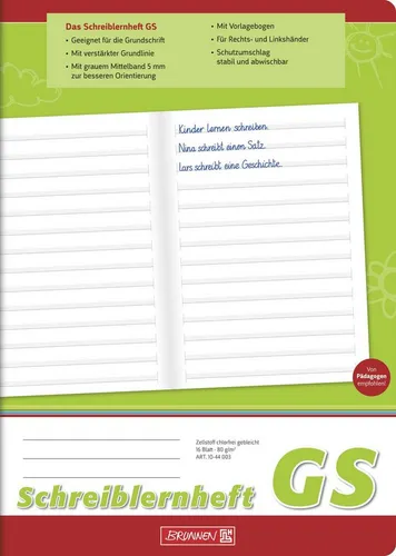 BRUNNEN Schulheft Schreiblernheft A4 hoch Lineatur GS 16 Blatt