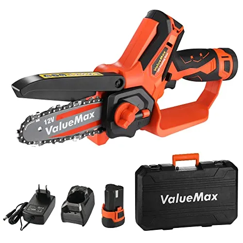 ValueMax Mini Kettensäge 12V mit 2×2000 mAh Akku, 11 cm Elektro Einhand-Kettensäge mit Ladegerät und Sicherheitsschloss, ideal zum Holzschneiden und für Gartenarbeiten
