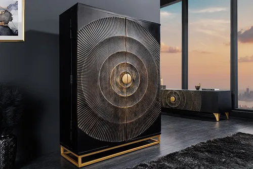 riess-ambiente Barschrank GOLDEN SUNSET 140cm schwarz/gold - Barschränke aus Massivholz mit Stauraum für 24 Flaschen, einzigartiges handgefertigtes Design und pflegeleichte Oberfläche für ein stilvolles Zuhause.