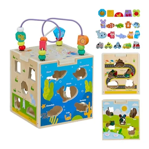 Relaxdays Motorikwürfel, Holz, Design B, Kinder ab 3 Jahren, Lernspielzeug für Mädchen & Jungen, Motorikschleife, bunt