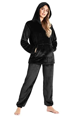 CityComfort Schlafanzug Damen Lang mit Kapuze, Pyjama Damen Set aus Flauschigem Fleece, Geschenke für Frauen & Teenager (Schwarz, XL)