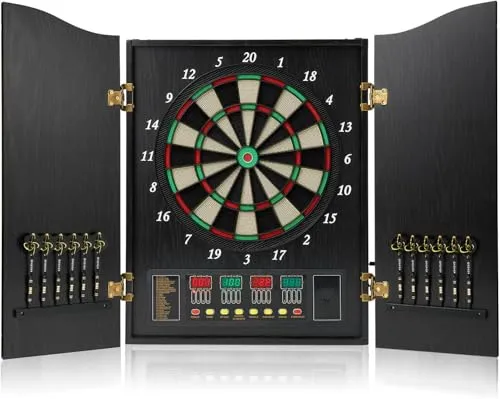 Brovamo Dartscheibe, Dekoratives Dartscheiben-Schrank-Set [12*Soft Tip Darts], Elektronische Dartscheibe, Schranktüren aus Holz mit Integrierter Anzeigetafel [Schwarz]