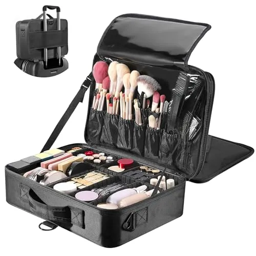 Luxspire Kosmetiktasche Groß Make Up Tasche Reise, Multifunktion Schminkkoffer Kosmetika Etui Tasche Kosmetikbeutel Reißverschluss Schultergurt Aufbewahrungstasche für Damen Maskenbildner, Schwarz